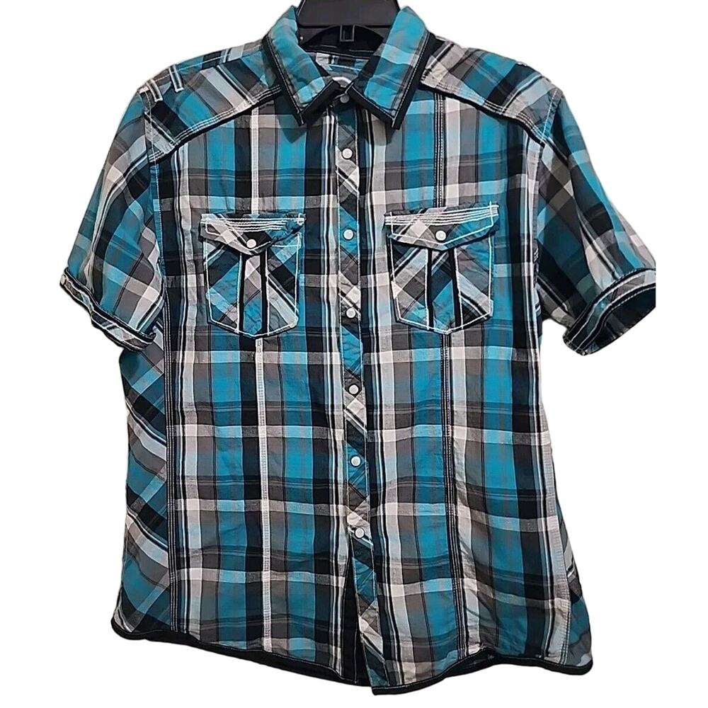 Rustic Blue Shirt Mens Short Sleeve Button Up Blue Black Gray Plaid Size Medium